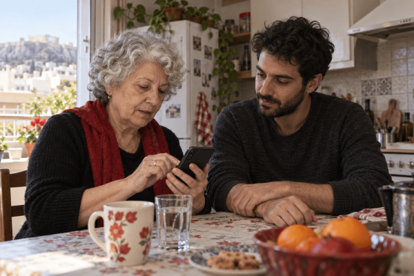 Γυναίκα χρησιμοποιεί το κινητό της στο τραπέζι της κουζίνας, με έναν άνδρα καθισμένο δίπλα της.