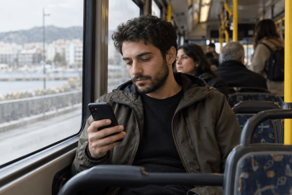 Άνδρας κοιτάζει το κινητό του καθισμένος δίπλα στο παράθυρο λεωφορείου.