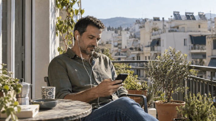 Άνδρας με ακουστικά κοιτάζει το κινητό του καθισμένος σε μπαλκόνι.