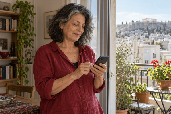 Γυναίκα χρησιμοποιεί το κινητό της όρθια δίπλα σε φωτεινή μπαλκονόπορτα.