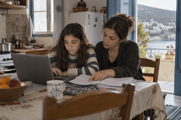 Μητέρα και κόρη μελετούν μαζί με φορητό υπολογιστή και ανοιχτό τετράδιο.