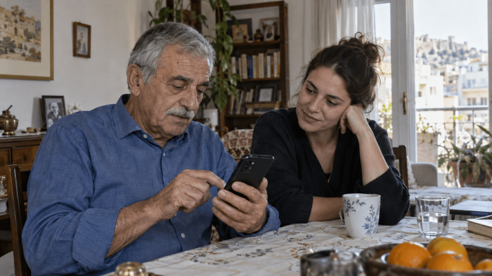 Μεγαλύτερος άνδρας χειρίζεται το κινητό του, ενώ μια γυναίκα παρακολουθεί δίπλα του.