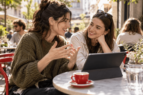 Δύο κοπέλες συζητούν μπροστά σε ένα tablet