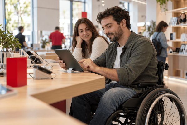 Άνδρας σε αναπηρικό καροτσάκι κοιτά ένα tablet παρέα με μια κοπέλα