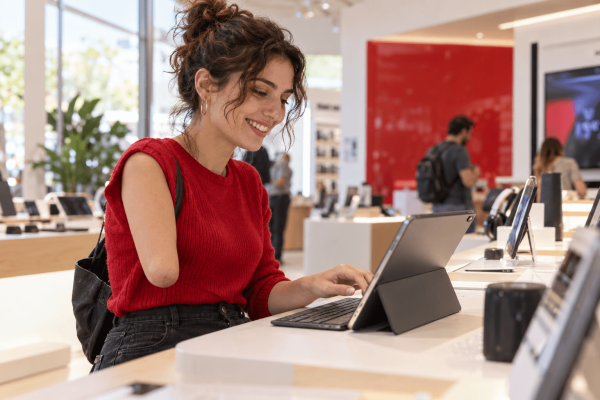Κοπέλα με αναπηρία στο δεξί χέρι γράφει σε laptop με το αριστερό