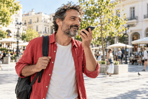 Άνδρας κρατά το κινητό μπροστά του και μιλά